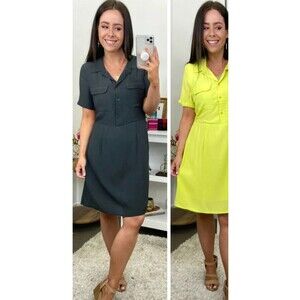 Mittoshop Button Detail Midi Shirt Dress Women's M Grey Short Sleeve Collared